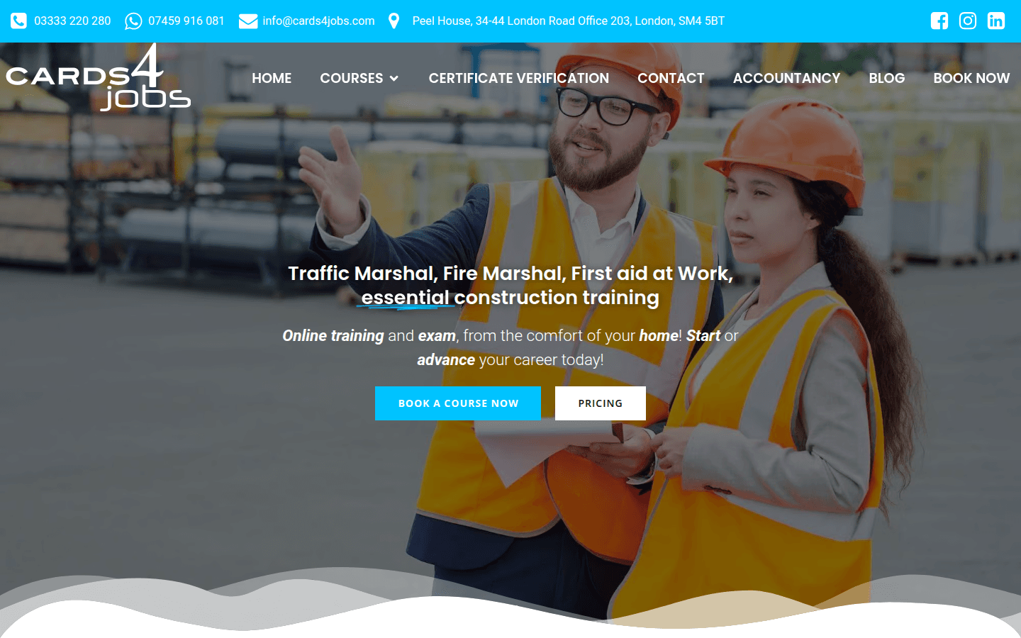 Cards4Jobs homepage with construction training courses and a blue theme