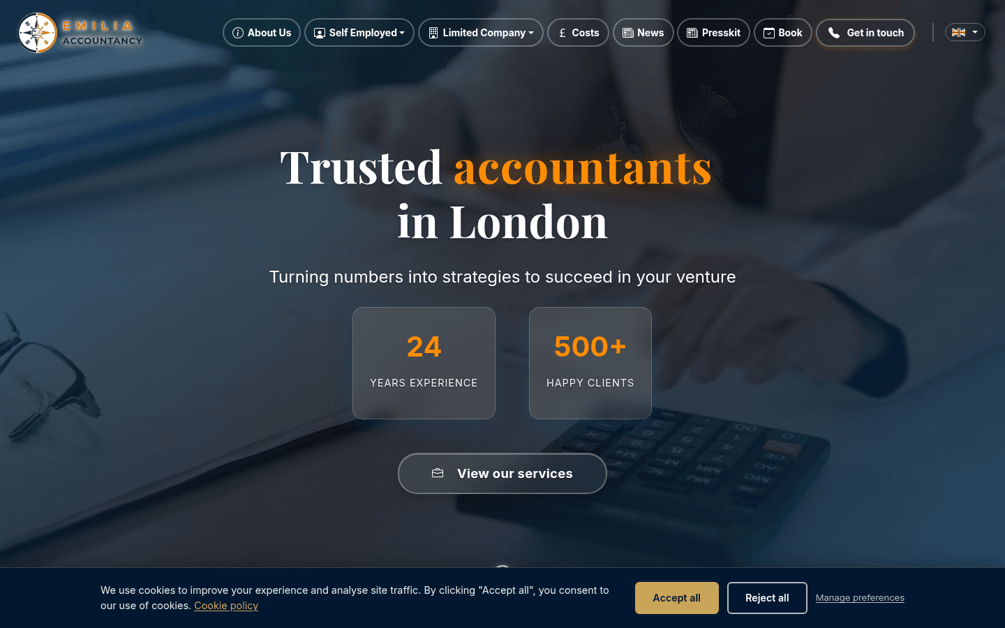 Emilia Accountancy homepage with dark theme and hero showing trusted accountants in London